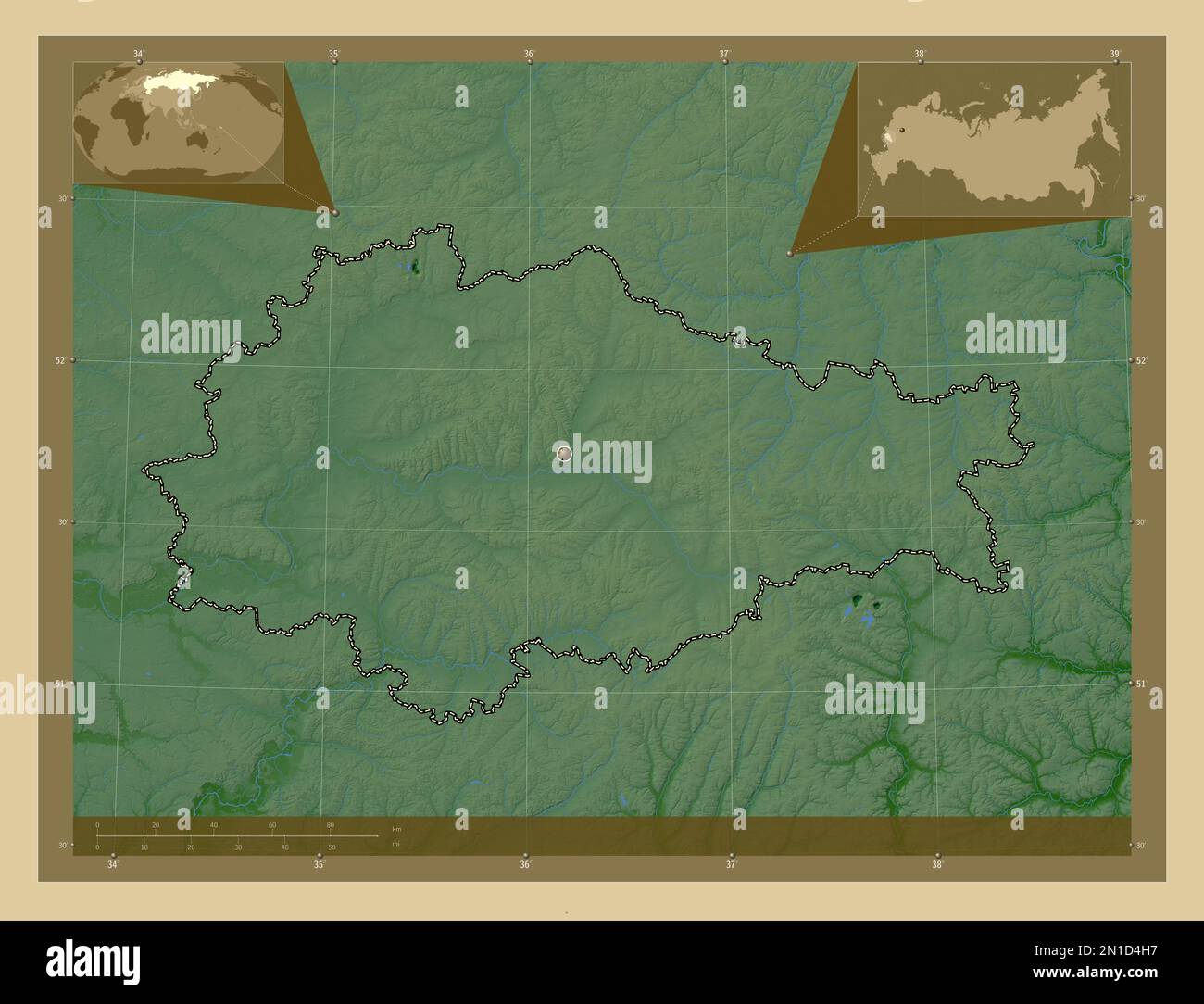Kursk, region of Russia. Colored elevation map with lakes and rivers