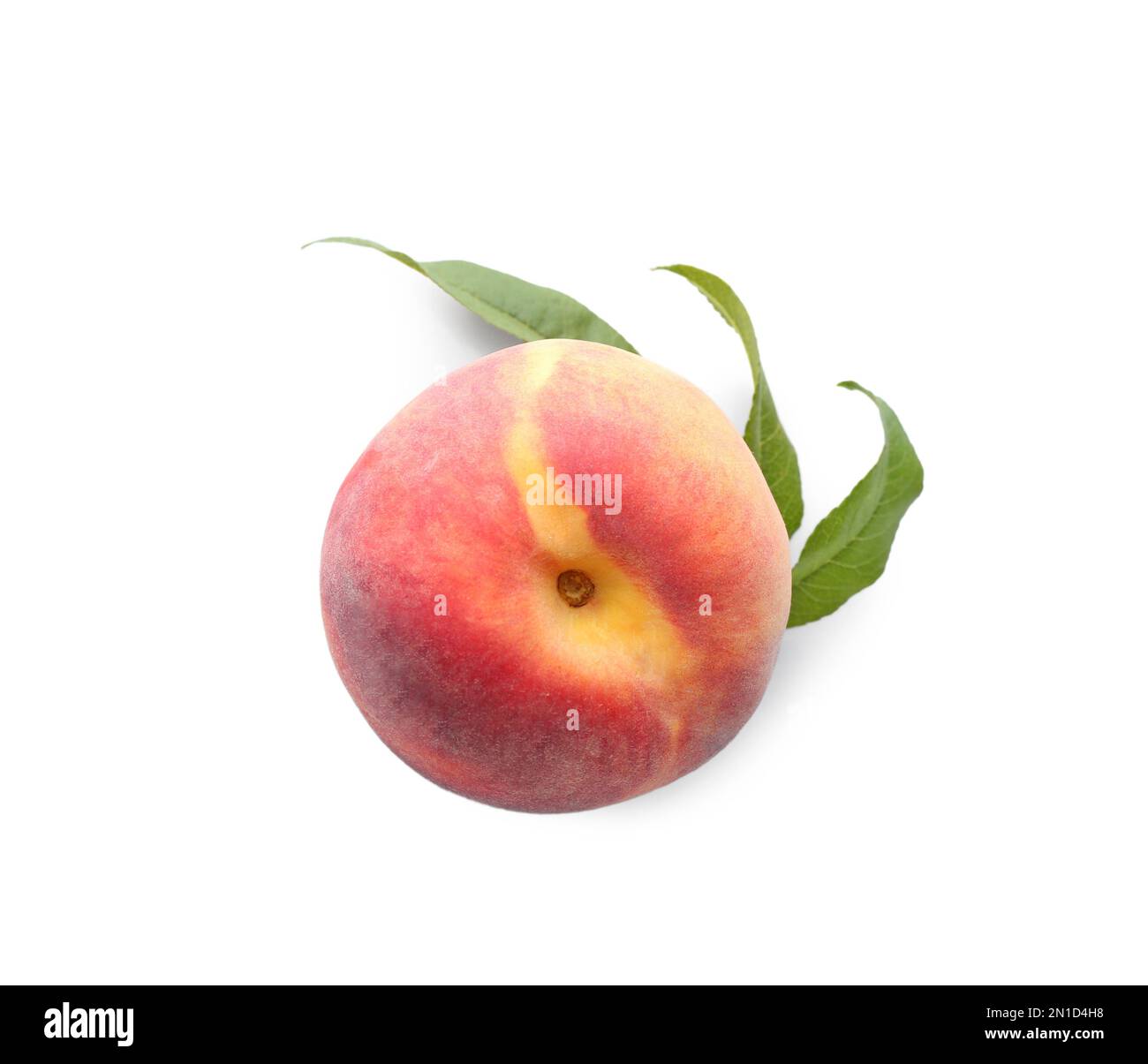 Delicious ripe juicy peach with leaves isolated on white, top view ...
