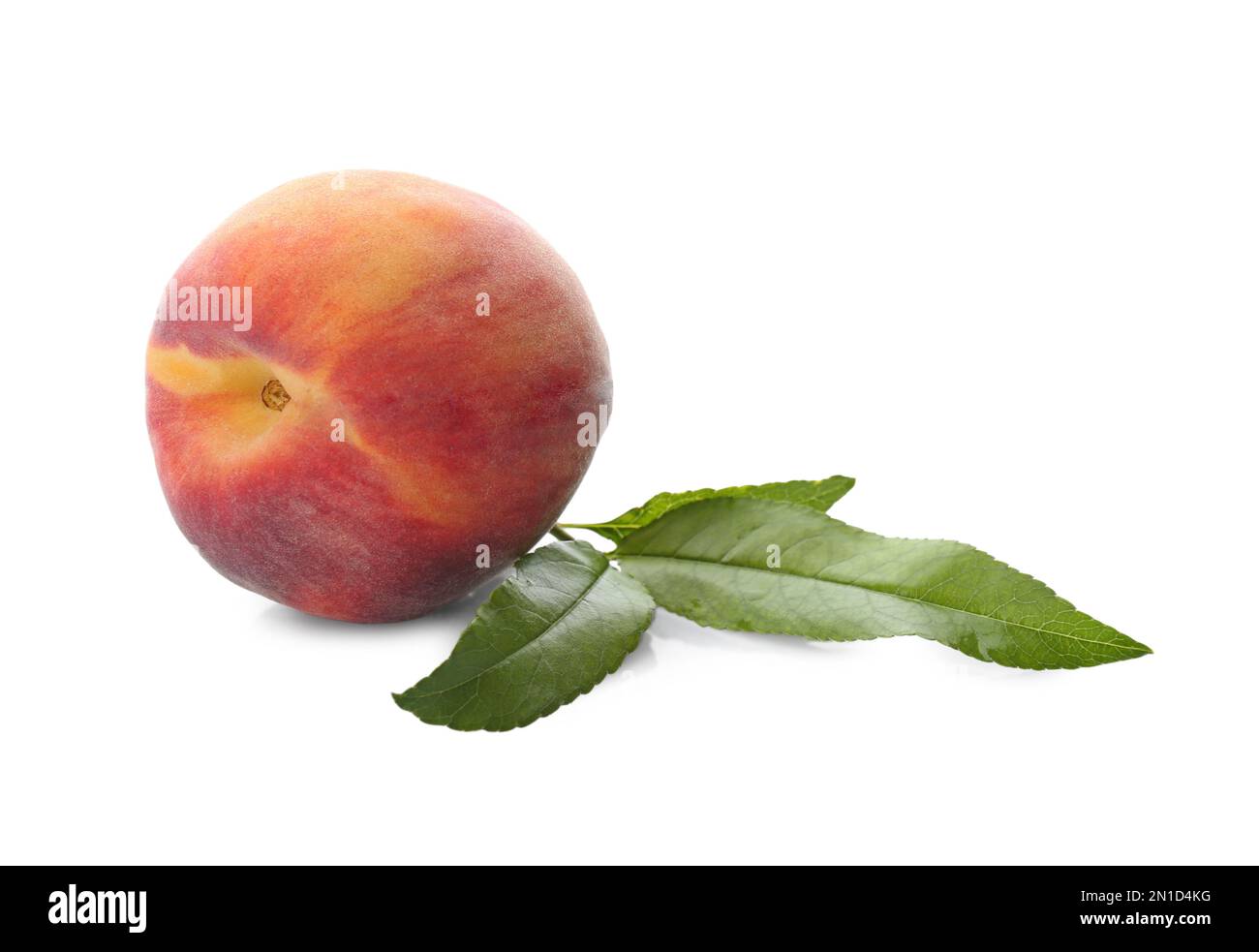 Delicious ripe juicy peach with leaves isolated on white Stock Photo ...