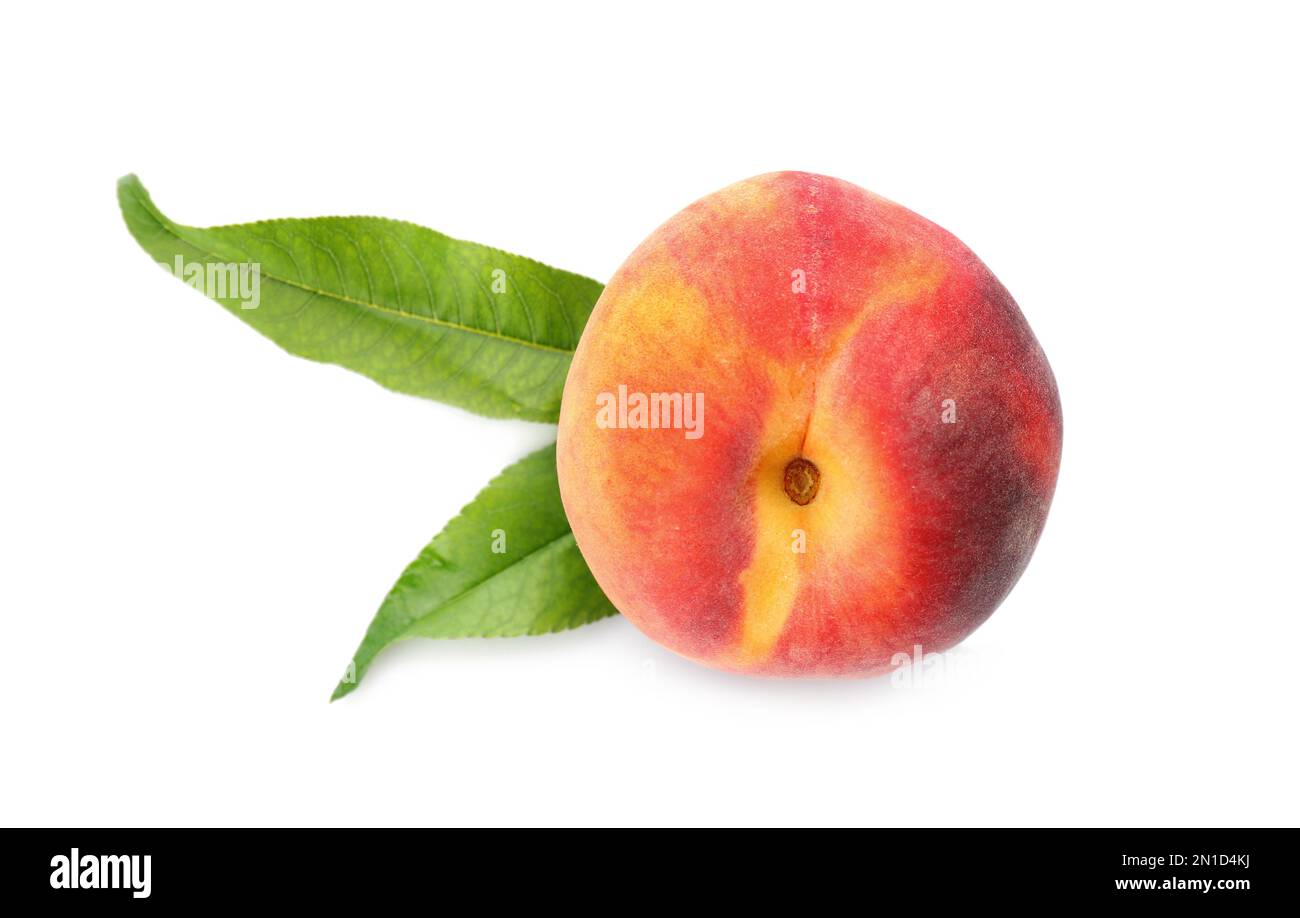 Delicious ripe juicy peach with leaves isolated on white, top view ...