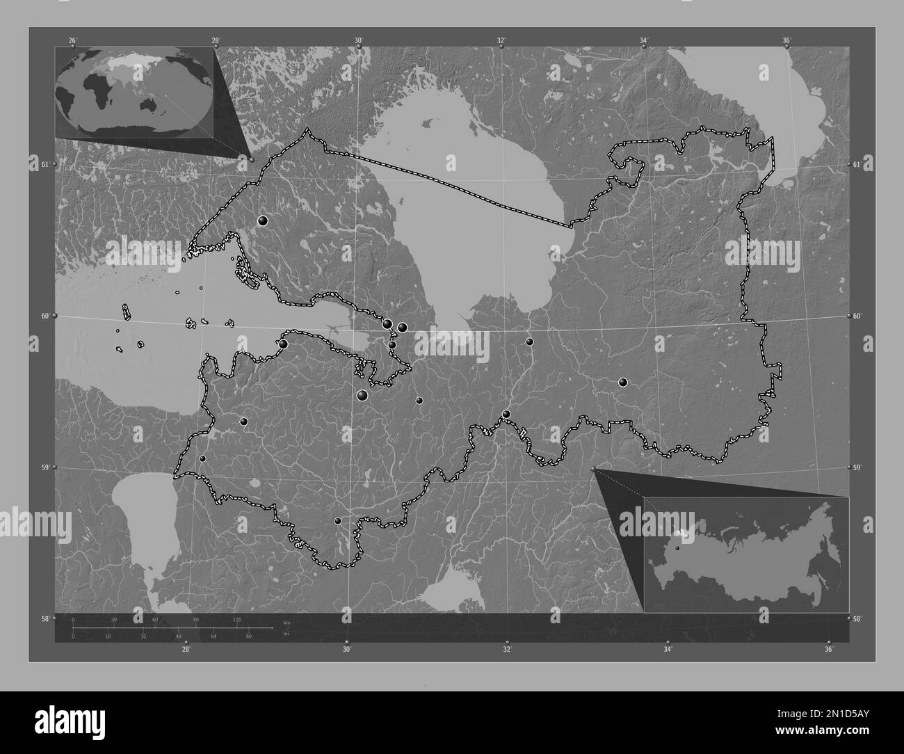 Leningrad Region Of Russia Bilevel Elevation Map With Lakes And Leningrad Region Of Russia Bilevel Elevation Map With Lakes And Rivers Locations Of Major Cities Of The Region Corner Auxiliary Location Maps 2N1D5AY 