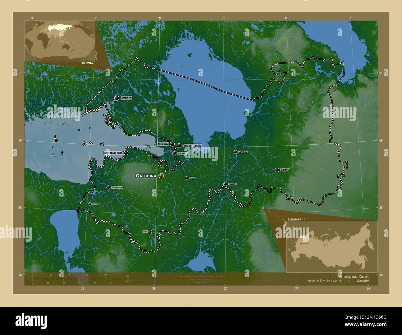 Leningrad Region Of Russia Colored Elevation Map With Lakes And Leningrad Region Of Russia Colored Elevation Map With Lakes And Rivers Locations And Names Of Major Cities Of The Region Corner Auxiliary Location 2N1D66G 
