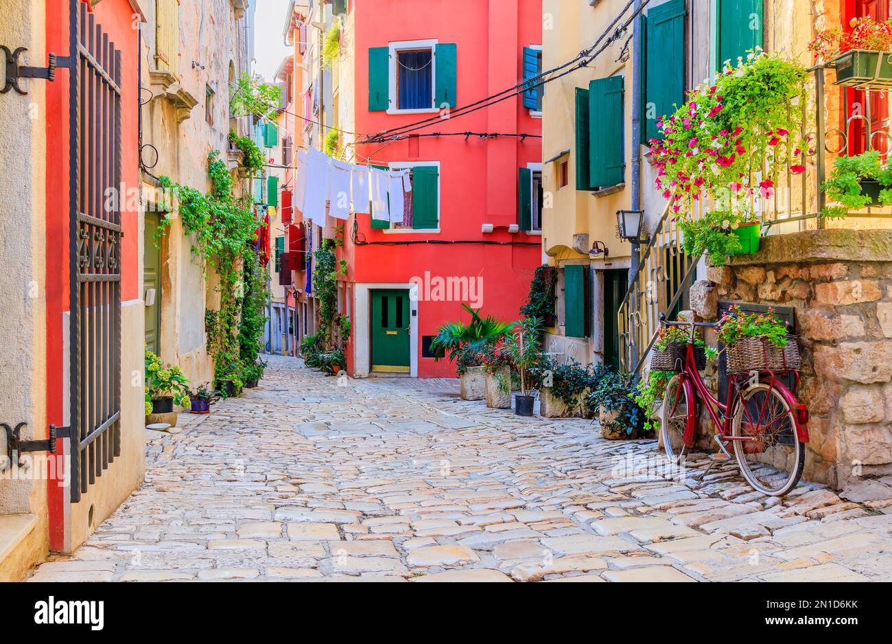 Rovinj, Croatia. Stone paved street inside the old town. Istria. Stock Photo