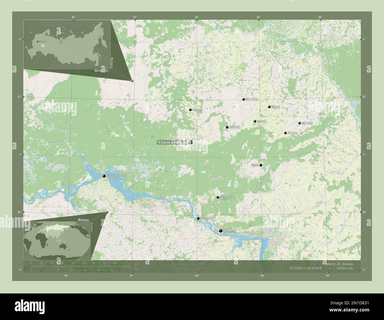 Mariy-El, republic of Russia. Open Street Map. Locations and names of ...