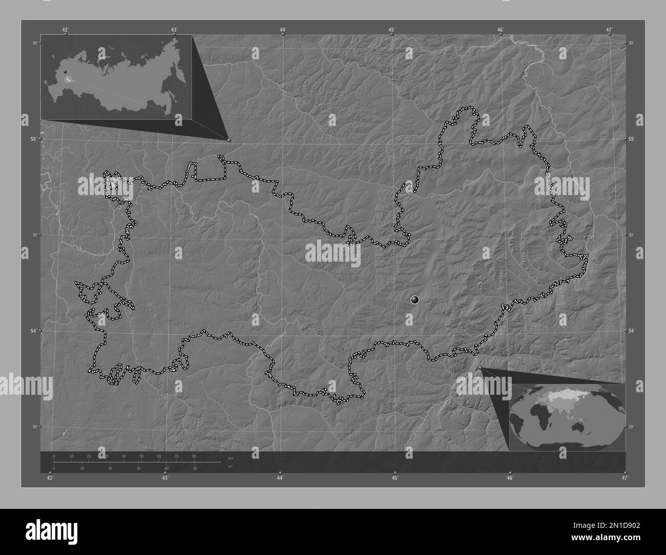 Mordovia, republic of Russia. Bilevel elevation map with lakes and ...