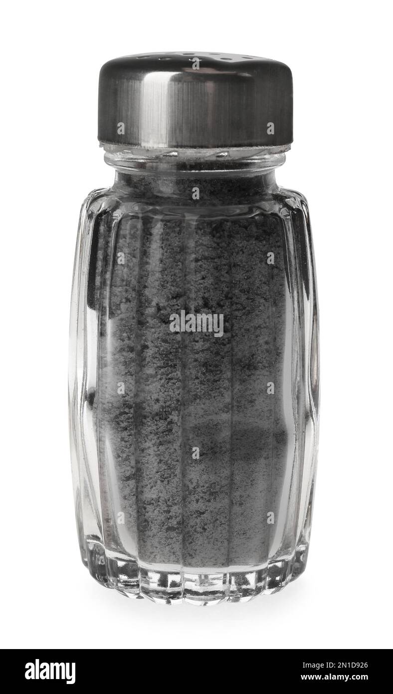 Ground black salt in shaker isolated on white Stock Photo