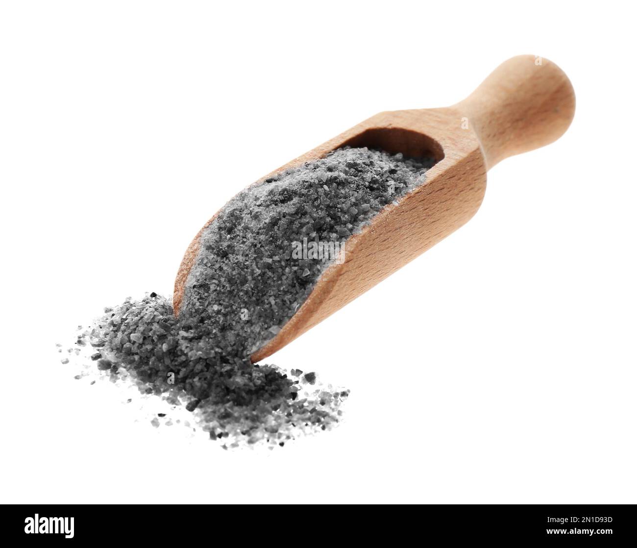 Scoop with ground black salt on white background Stock Photo