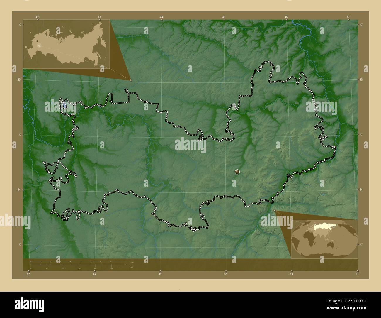 Mordovia, republic of Russia. Colored elevation map with lakes and ...
