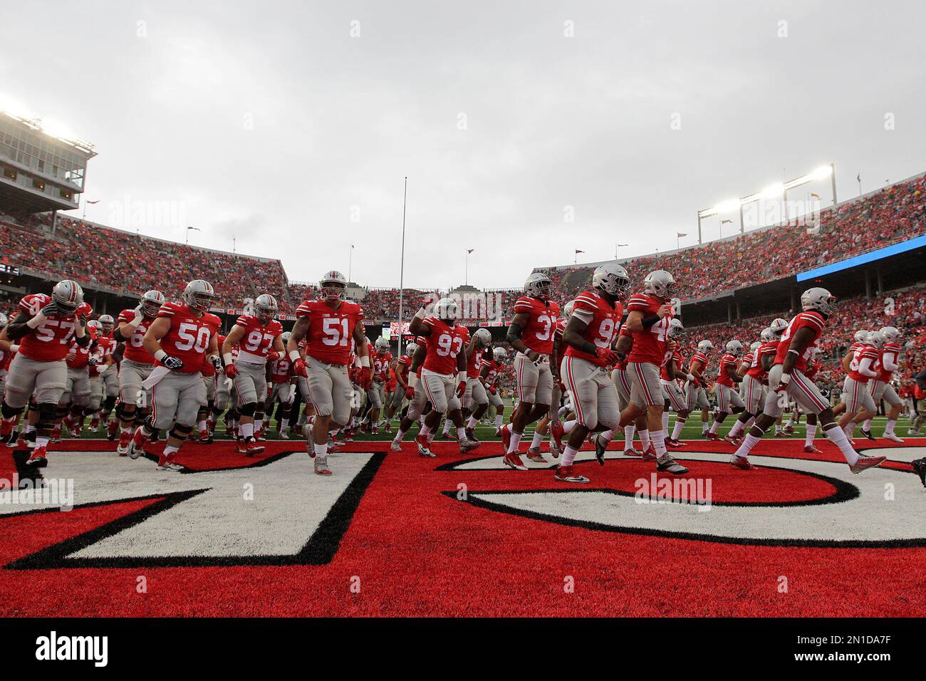 Ohio State players on the field before their NCAA college football game