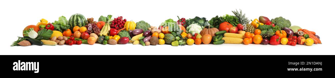 Collection of fresh organic vegetables and fruits on white background