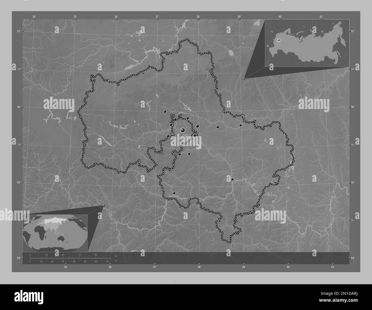 Moskva, region of Russia. Grayscale elevation map with lakes and rivers. Locations of major cities of the region. Corner auxiliary location maps Stock Photo
