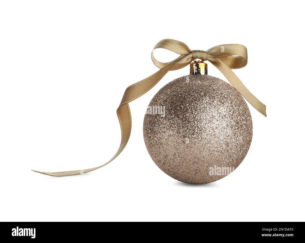 Beautiful golden Christmas ball with ribbon isolated on white Stock ...