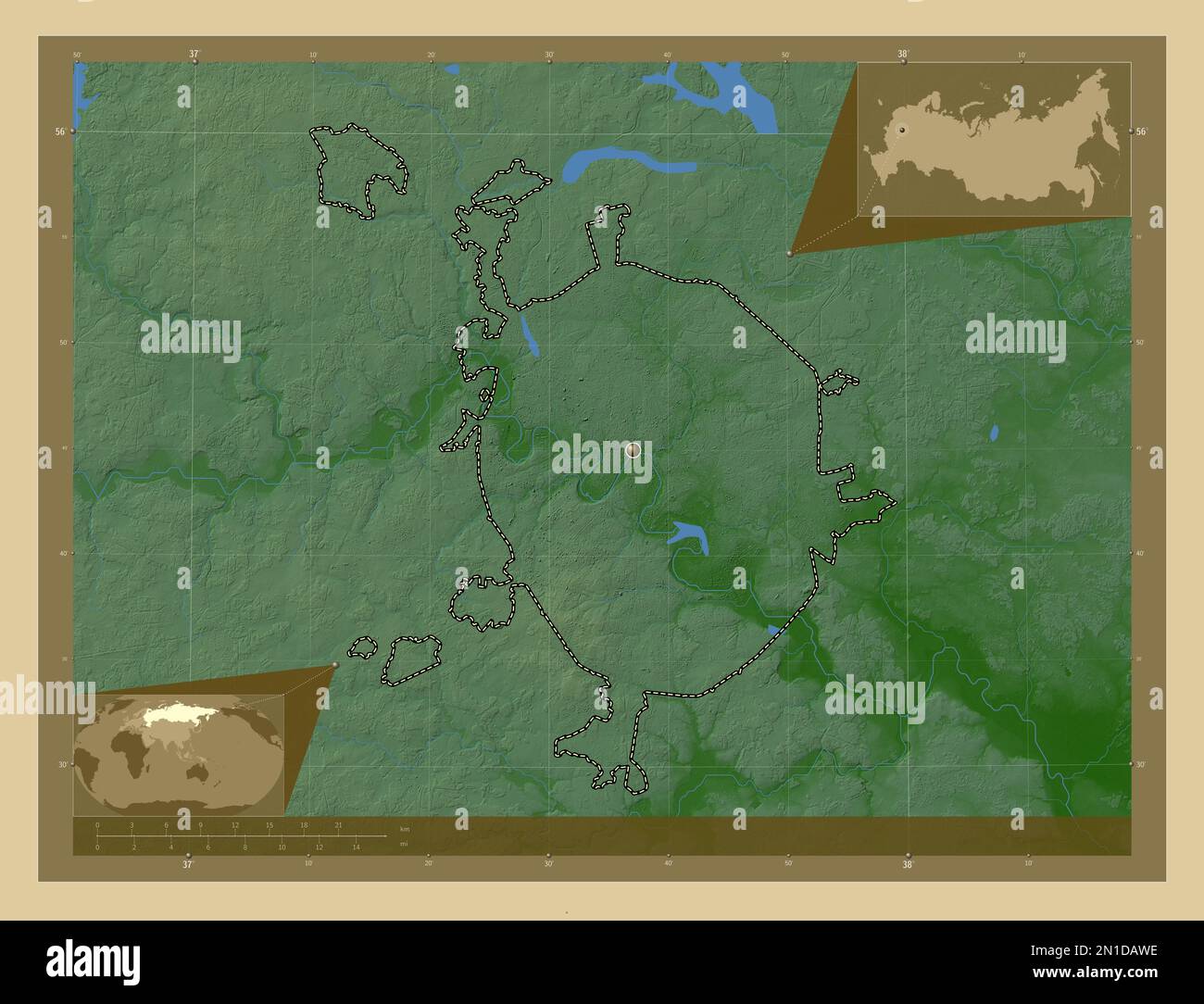 Moscow City, region of Russia. Colored elevation map with lakes and