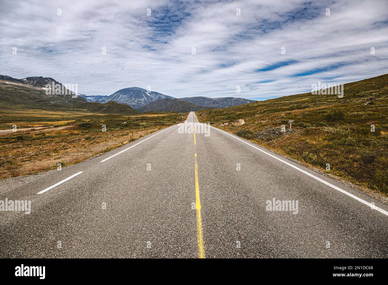eine menschenleere Straße führt durch die Wildnis in Norwegen Stock Photo