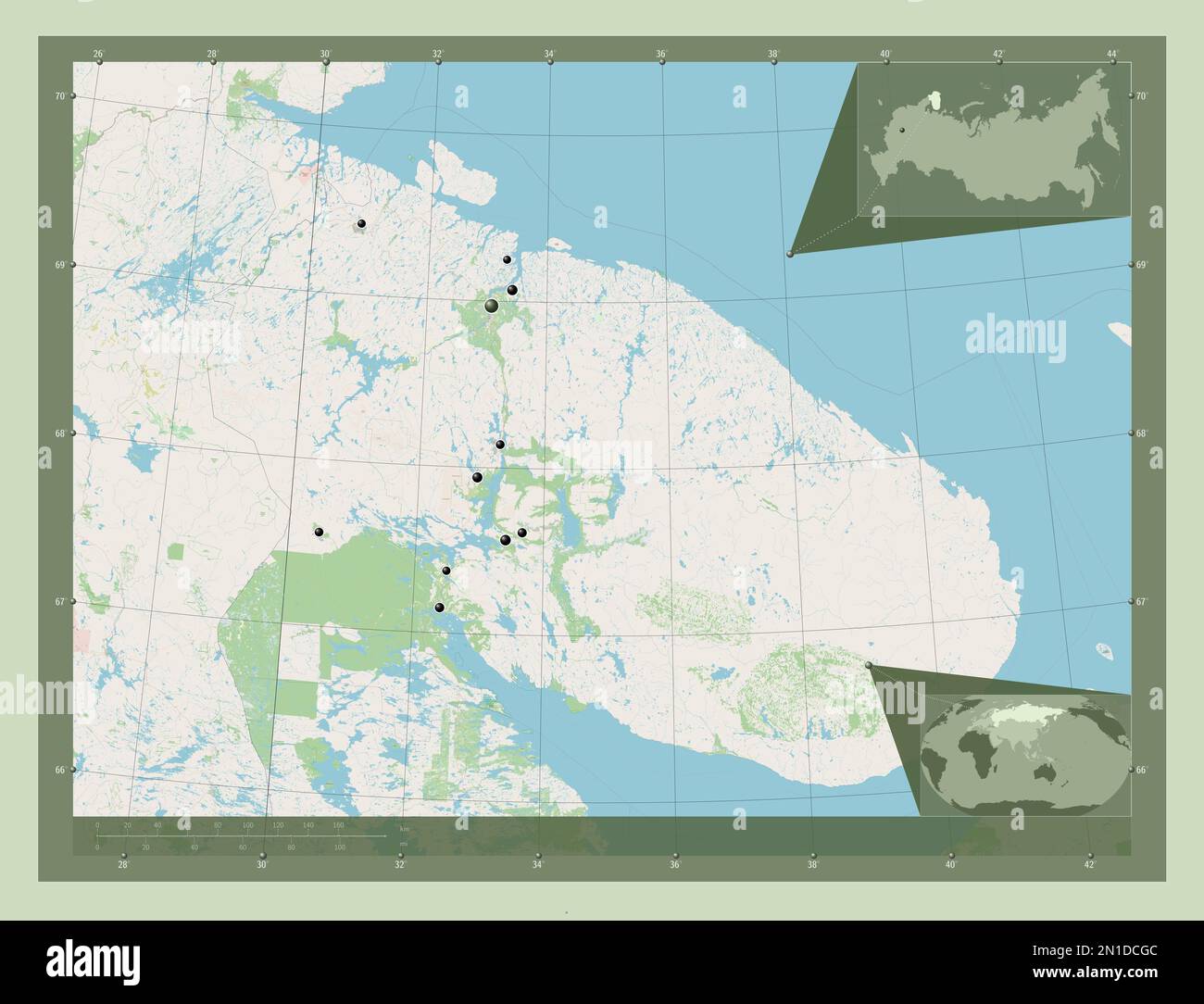 Murmansk, region of Russia. Open Street Map. Locations of major cities ...
