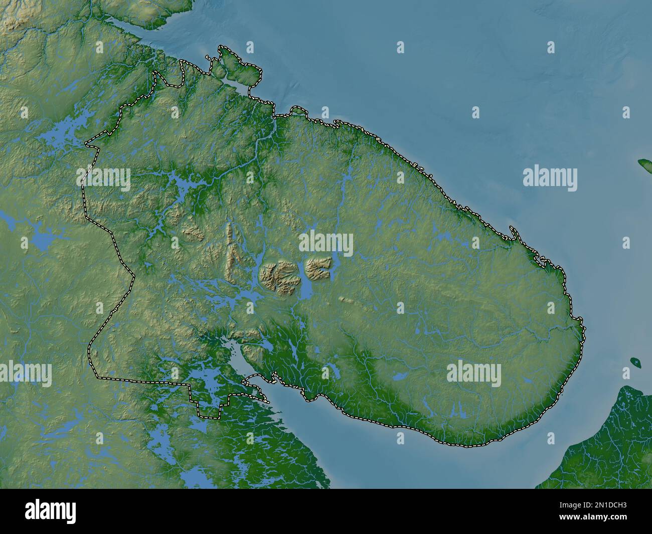 Murmansk, region of Russia. Colored elevation map with lakes and rivers Stock Photo