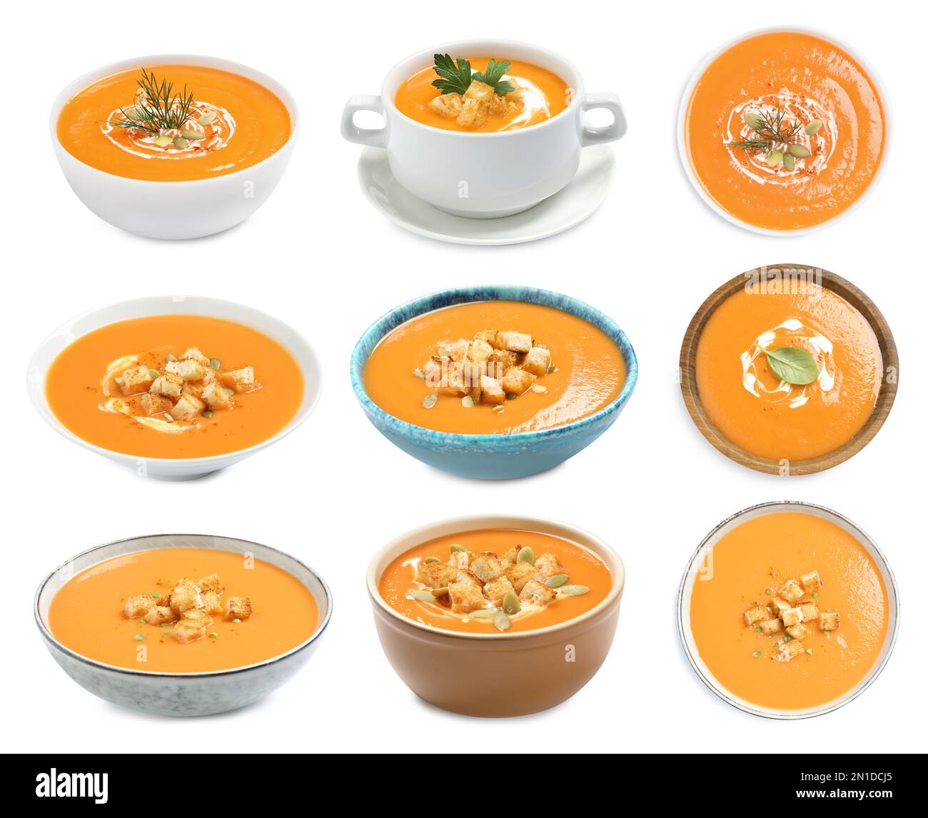 Set of fresh pumpkin soups on white background Stock Photo - Alamy
