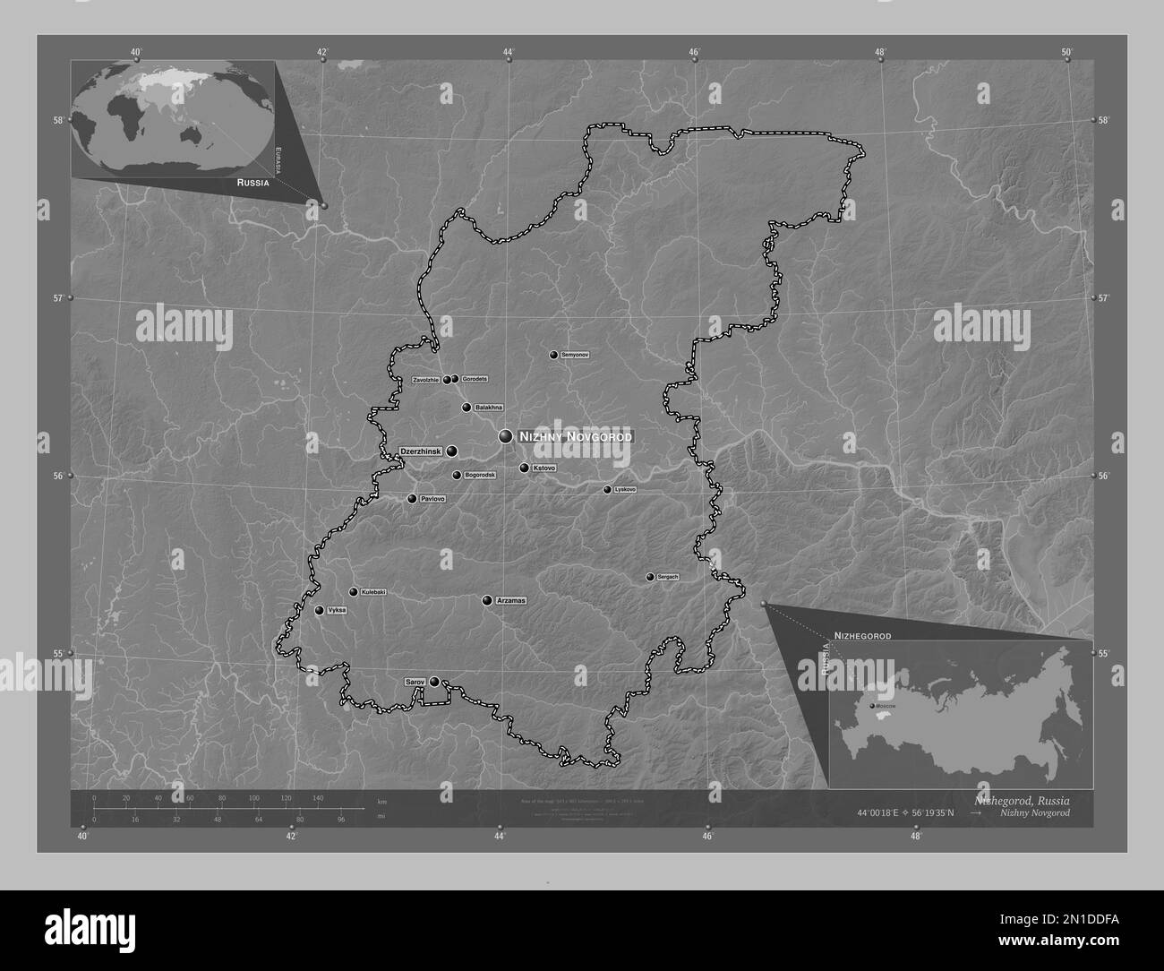 Nizhegorod, region of Russia. Grayscale elevation map with lakes and rivers. Locations and names of major cities of the region. Corner auxiliary locat Stock Photo