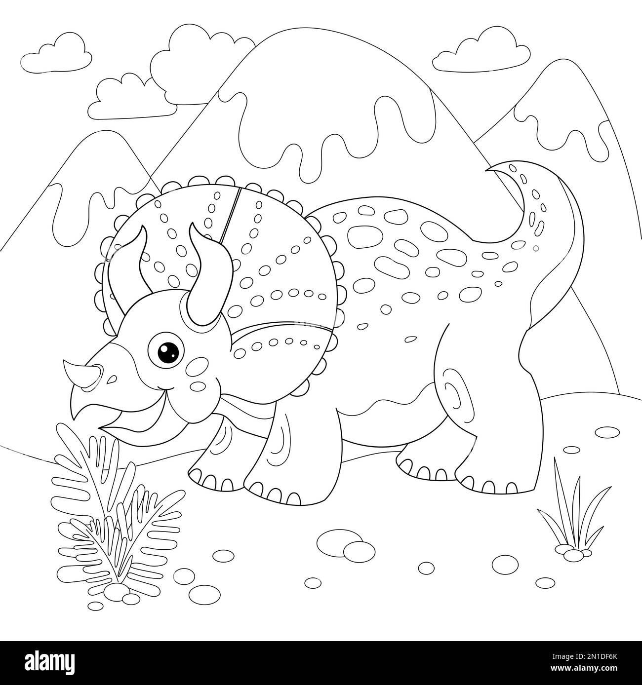 Funny cartoon dinosaur. Black and white linear drawing. Vector Stock Vector