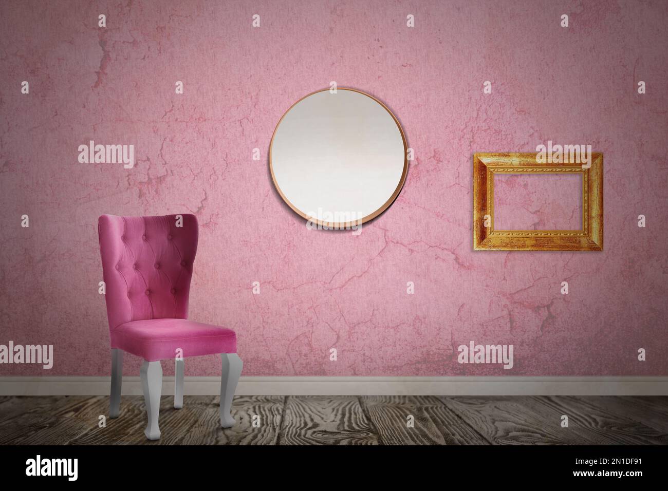 Chair near wall with mirror, wooden frame and patterned wallpaper. Stylish room interior Stock Photo