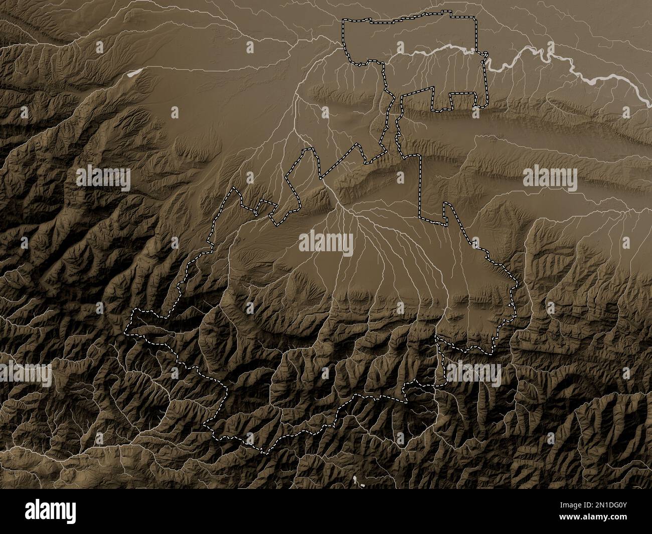 North Ossetia, republic of Russia. Elevation map colored in sepia tones with lakes and rivers Stock Photo