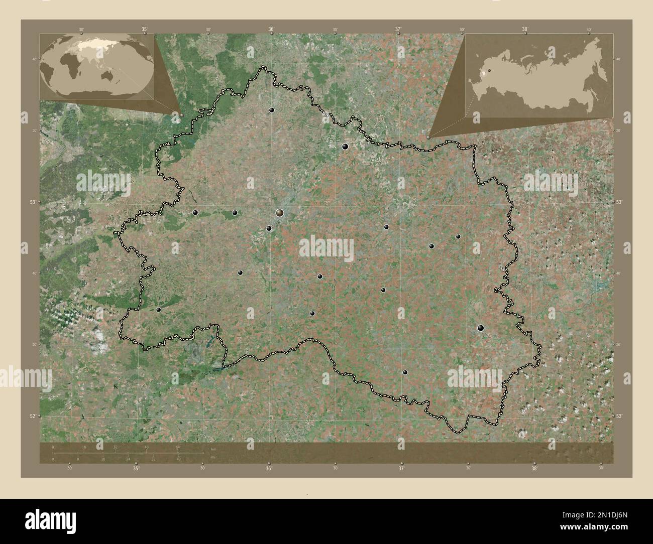 Orel, region of Russia. High resolution satellite map. Locations of major cities of the region. Corner auxiliary location maps Stock Photo