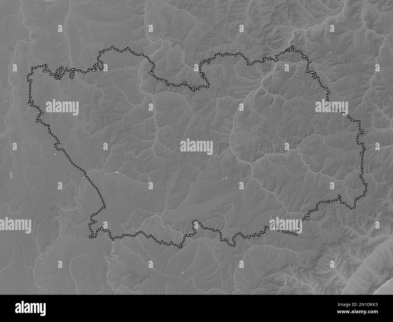 Penza, region of Russia. Grayscale elevation map with lakes and rivers Stock Photo