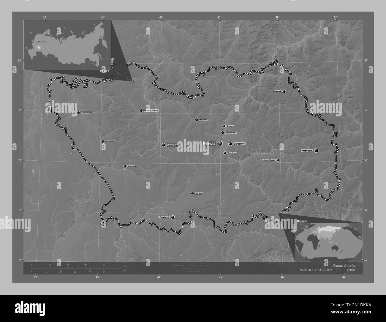 Penza, region of Russia. Grayscale elevation map with lakes and rivers. Locations and names of major cities of the region. Corner auxiliary location m Stock Photo