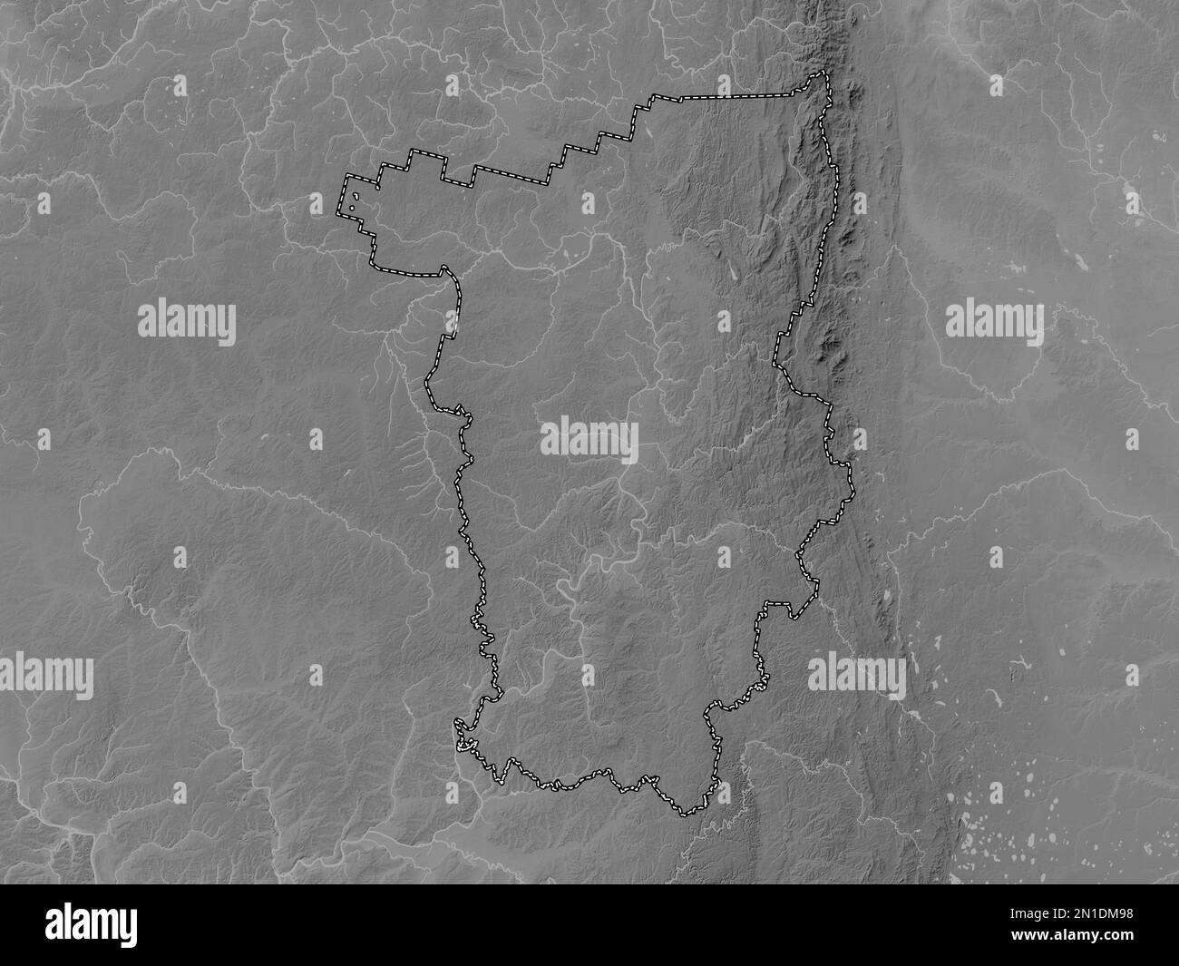 Perm', territory of Russia. Grayscale elevation map with lakes and rivers Stock Photo