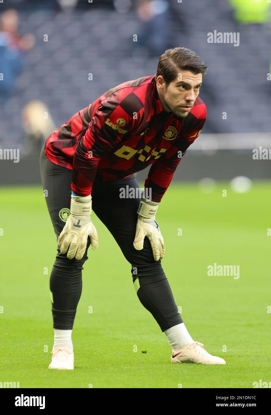 Manchester City's Stefan Ortega during the pre-match warm-up  during the English Premier League soccer match between Tottenham Hotspur and Manchester Stock Photo