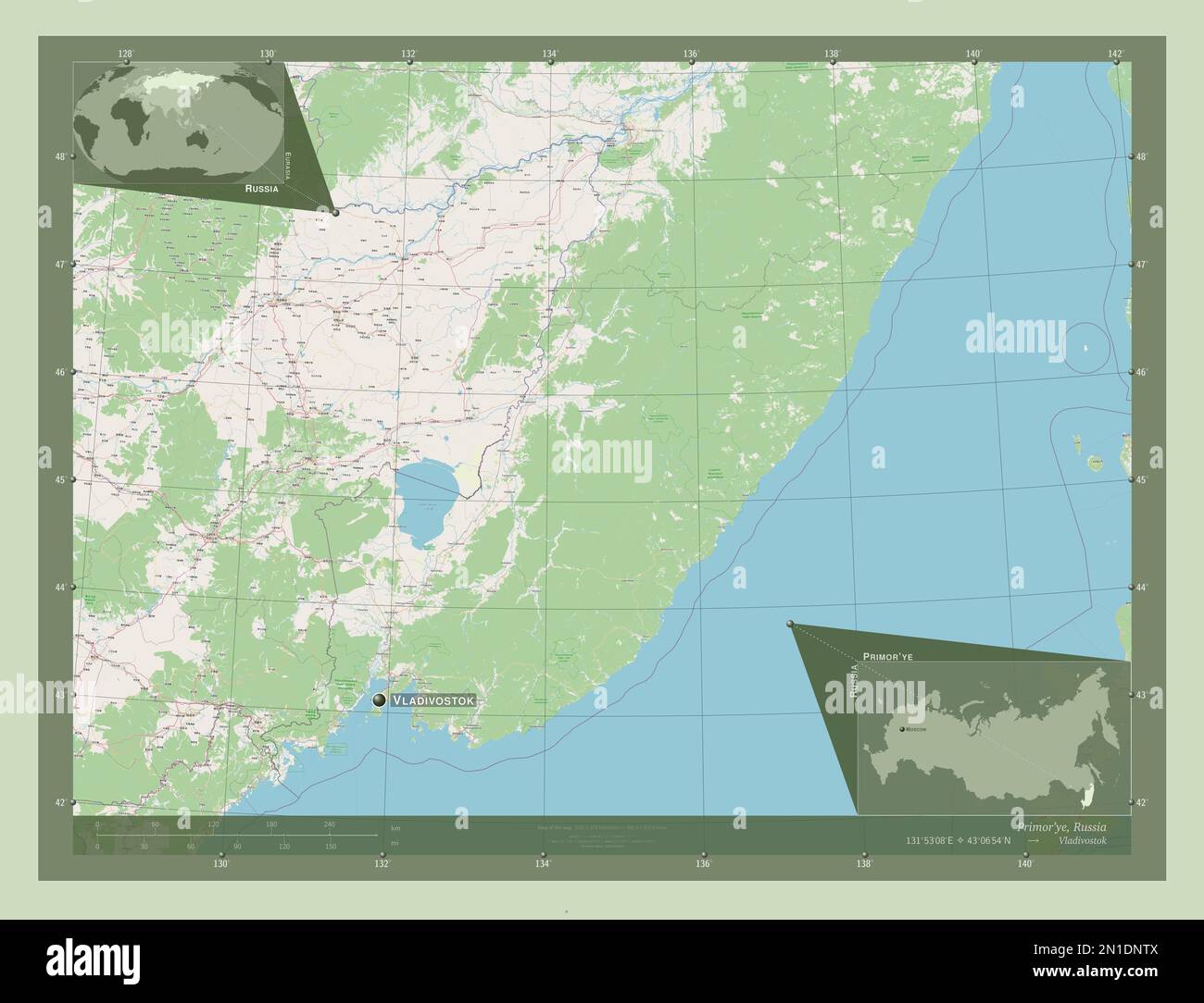 Primorye Rivers Primor'ye, territory of Russia. Open Street Map. Locations and names of ...