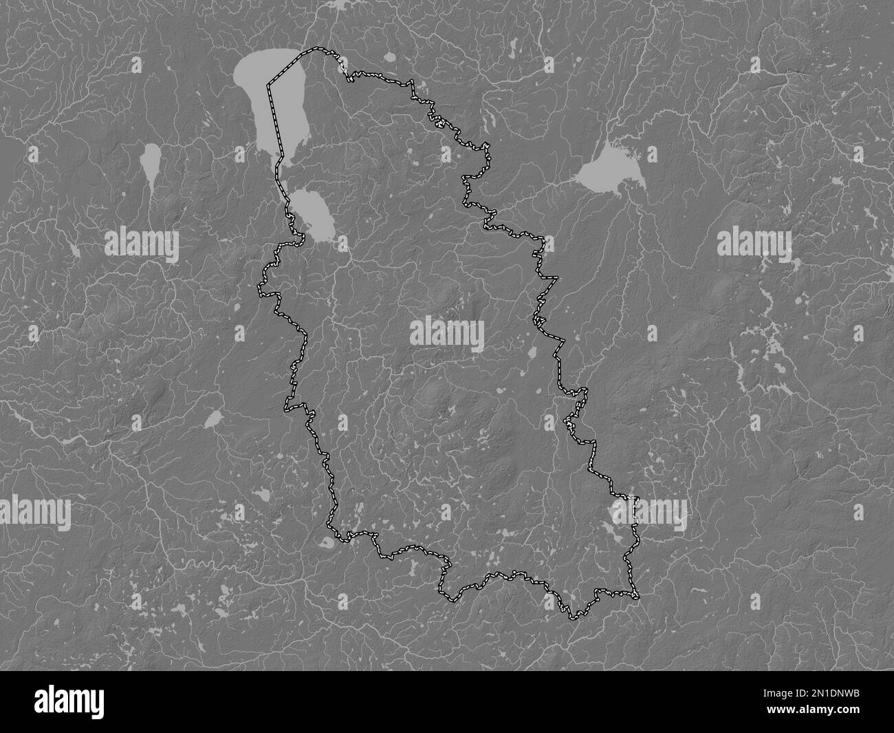 Pskov, region of Russia. Bilevel elevation map with lakes and rivers Stock Photo