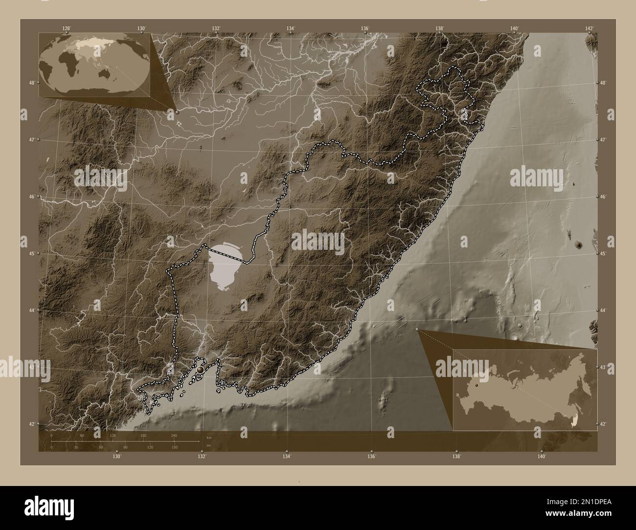 Primorye Rivers Primor'ye, territory of Russia. Elevation map colored in sepia tones ...