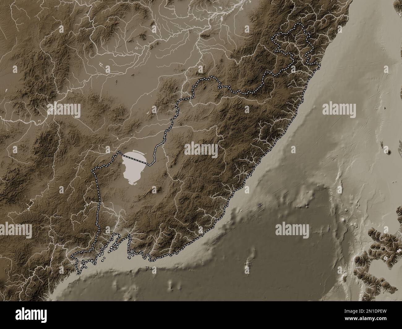 Primorye Rivers Primor'ye, territory of Russia. Elevation map colored in sepia tones ...