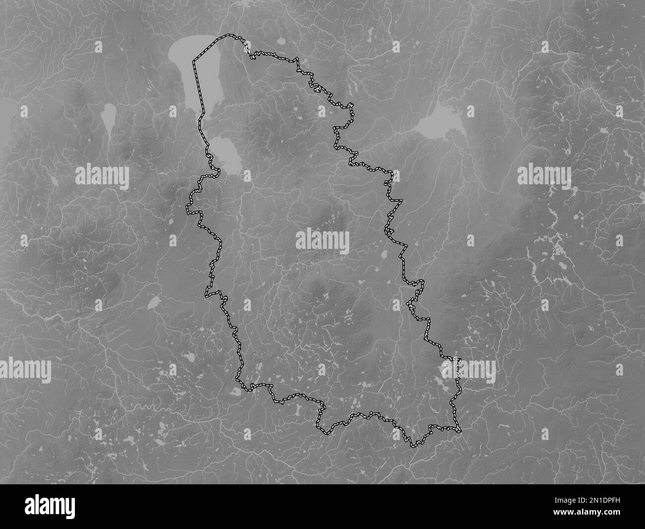 Pskov, region of Russia. Grayscale elevation map with lakes and rivers Stock Photo