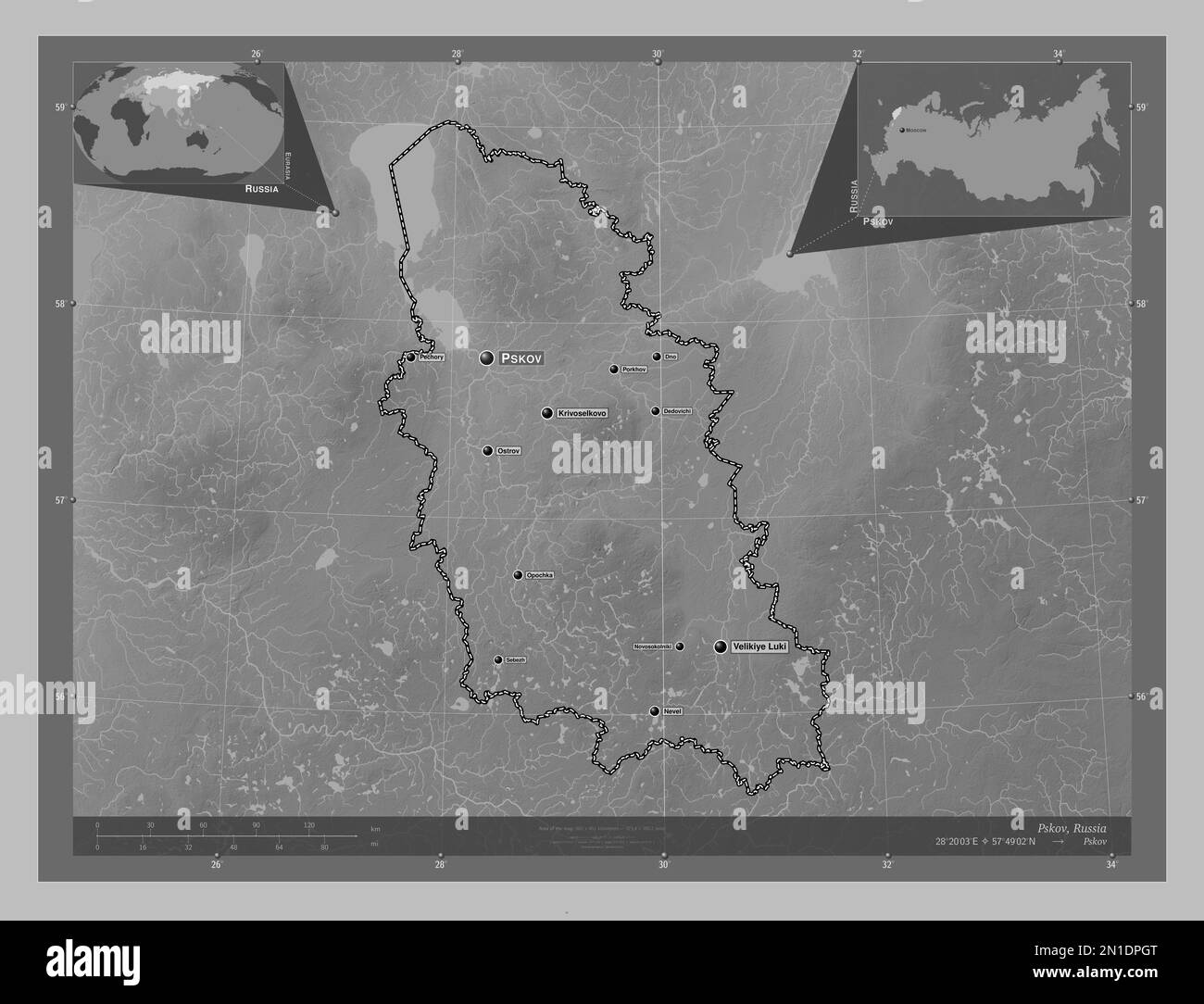 Pskov, region of Russia. Grayscale elevation map with lakes and rivers. Locations and names of major cities of the region. Corner auxiliary location m Stock Photo