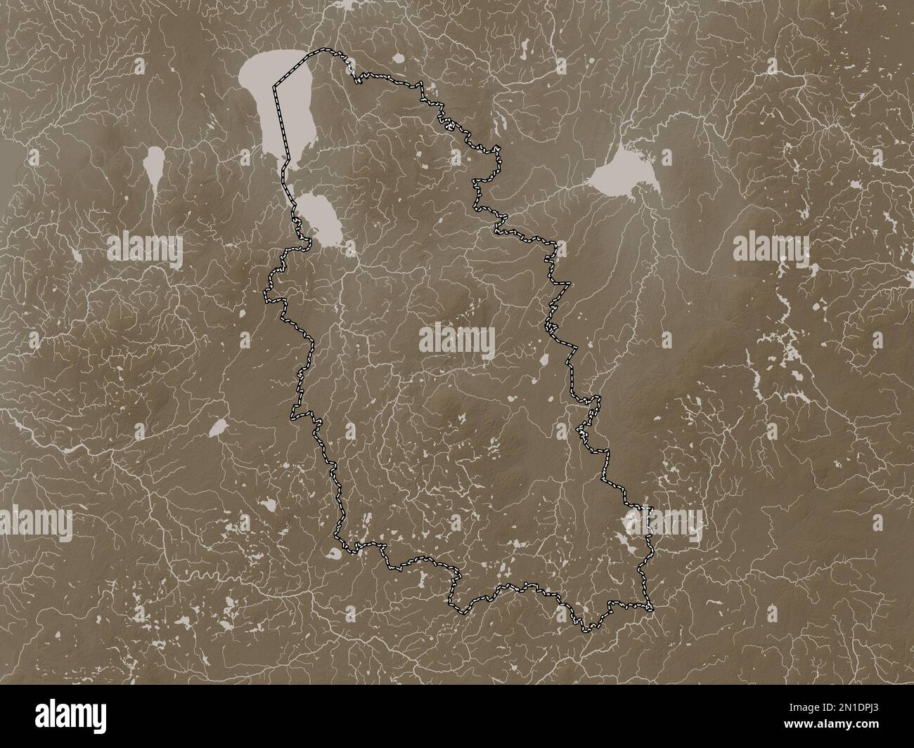Pskov, region of Russia. Elevation map colored in sepia tones with lakes and rivers Stock Photo