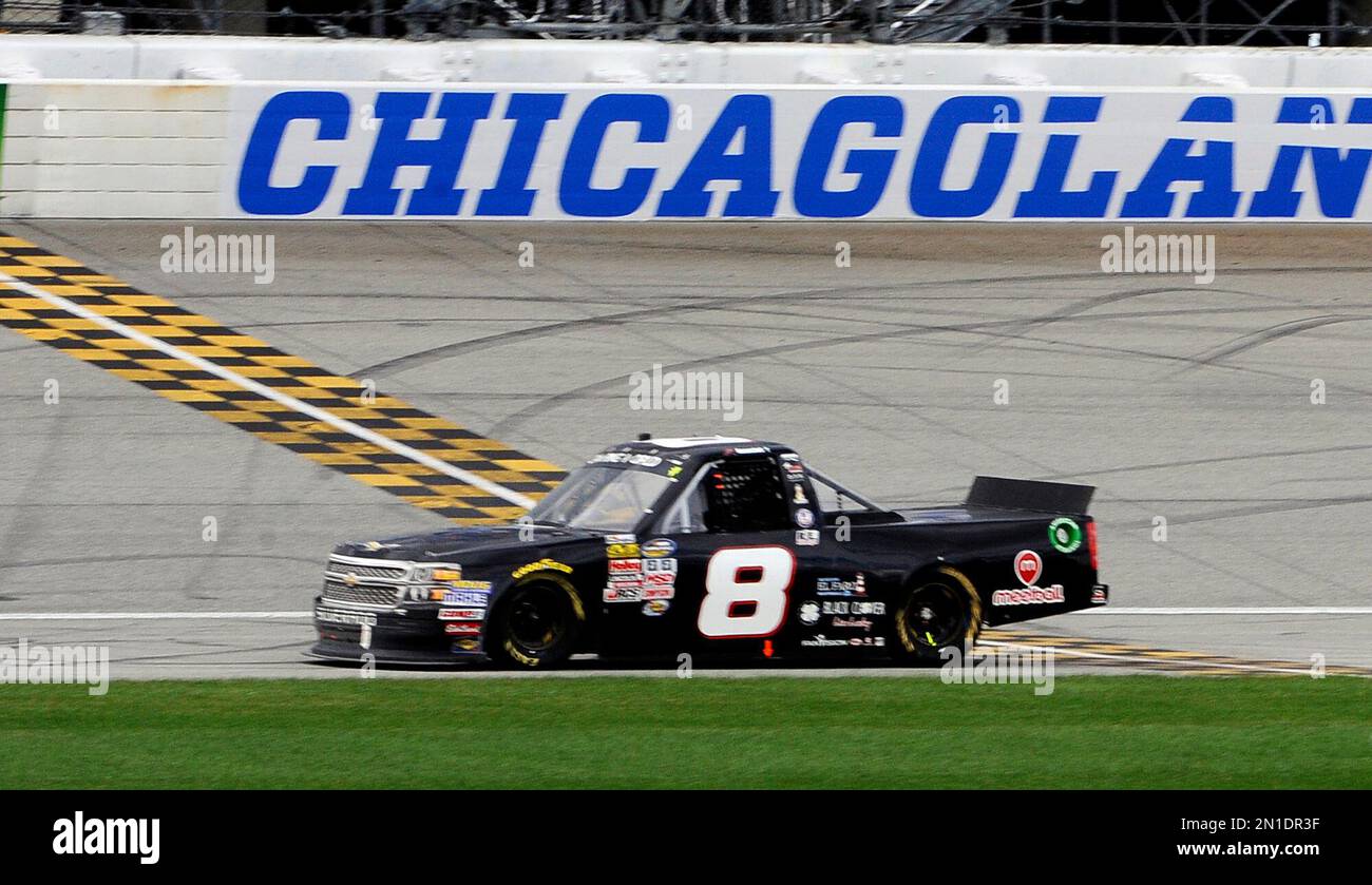 John Hunter Nemechek crosses the finish line as he wins the NASCAR