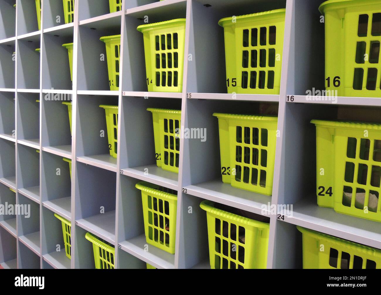 Numbered plastic boxes in their cells are arranged in order in wooden