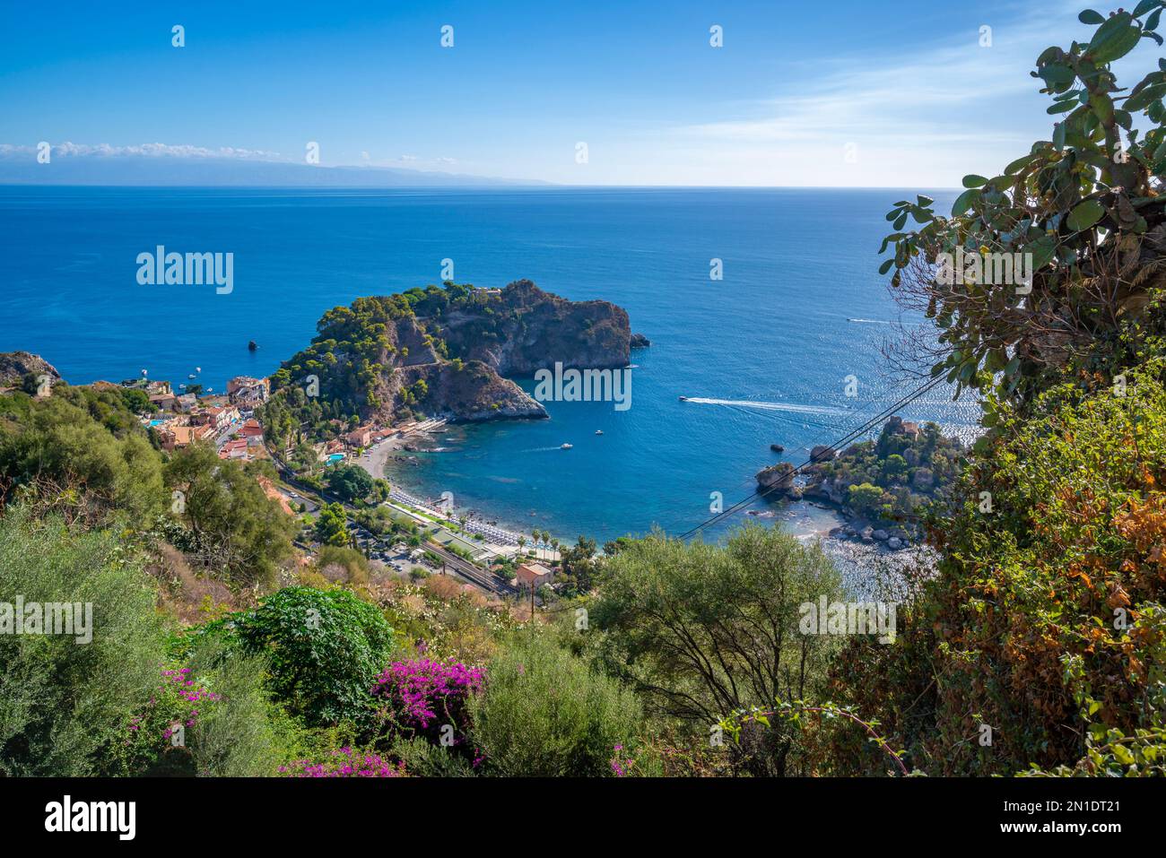 View from Taormina lookout down to Mazzaro and Ionian Sea, Taormina, Sicily, Italy, Mediterranean, Europe Stock Photo