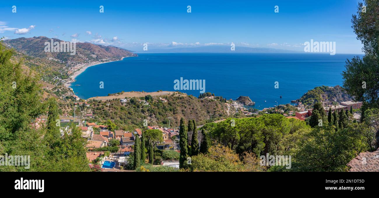 View of the Ionian Sea beach resorts of Mazzeo and Letojanni, Taormina, Messina, Sicily, Italy, Mediterranean, Europe Stock Photo