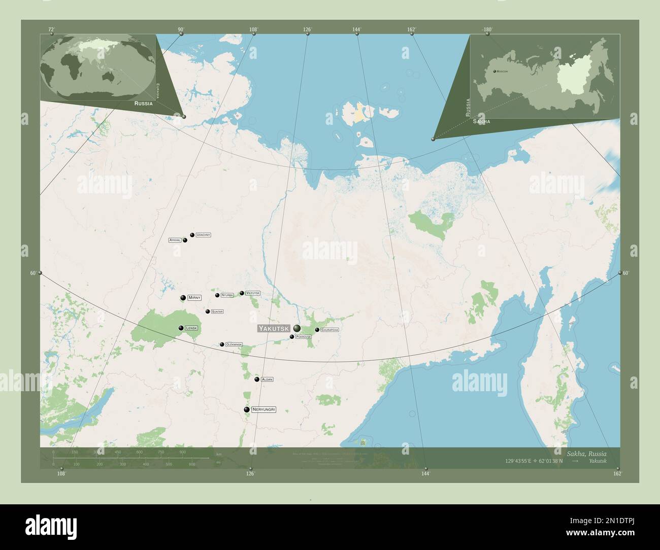 Sakha, republic of Russia. Open Street Map. Locations and names of