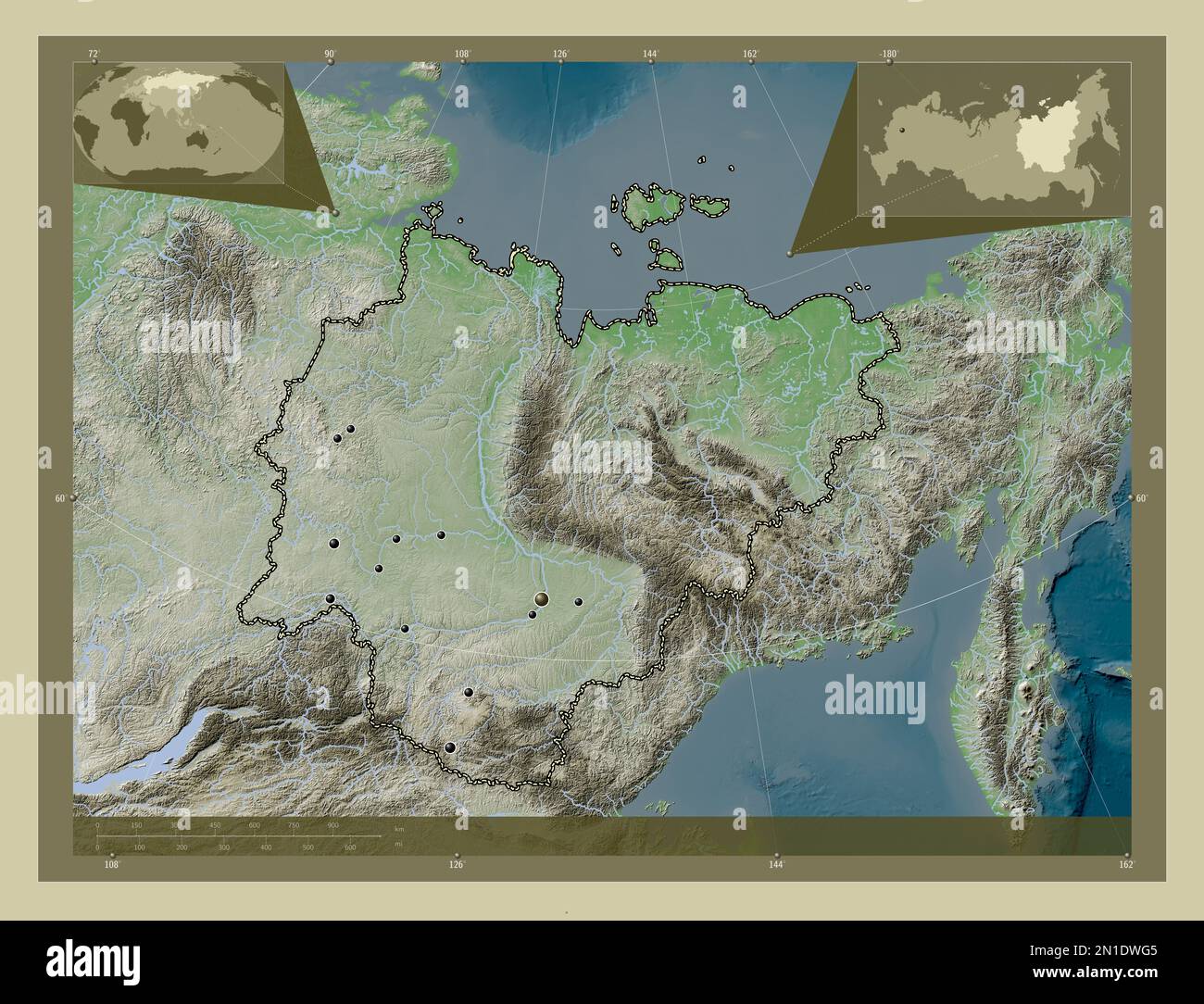 Sakha, republic of Russia. Elevation map colored in wiki style with lakes  and rivers. Locations of major cities of the region. Corner auxiliary  locati Stock Photo - Alamy