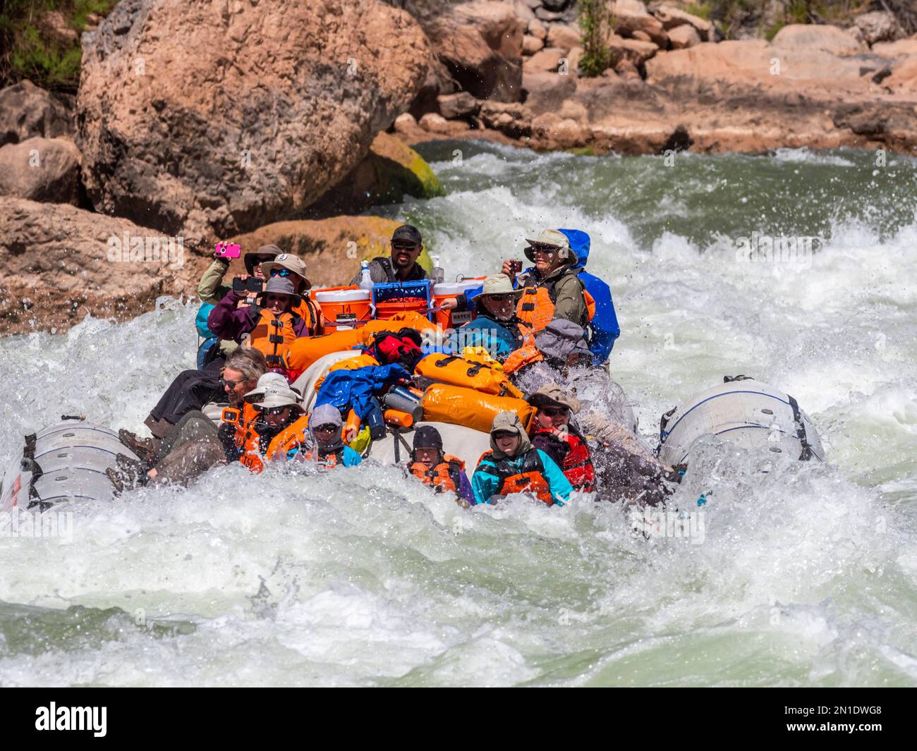 Commercial rafters run the Lava Falls Rapid, just before river mile 180, Grand Canyon National Park, Arizona, United States of America, North America Stock Photo