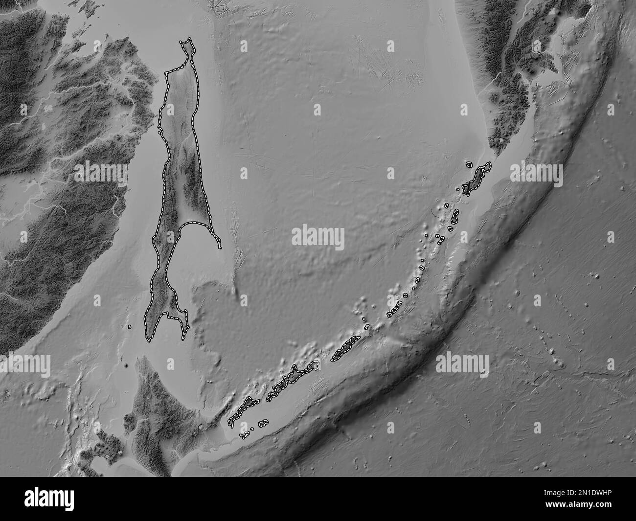 Sakhalin, region of Russia. Grayscale elevation map with lakes and rivers Stock Photo