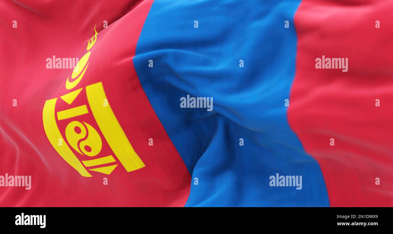 Detail of the Mongolia national flag waving in the wind. Mongolia is a State of East Asia. Rippled fabric. Textured background. Realistic 3d illustrat Stock Photo