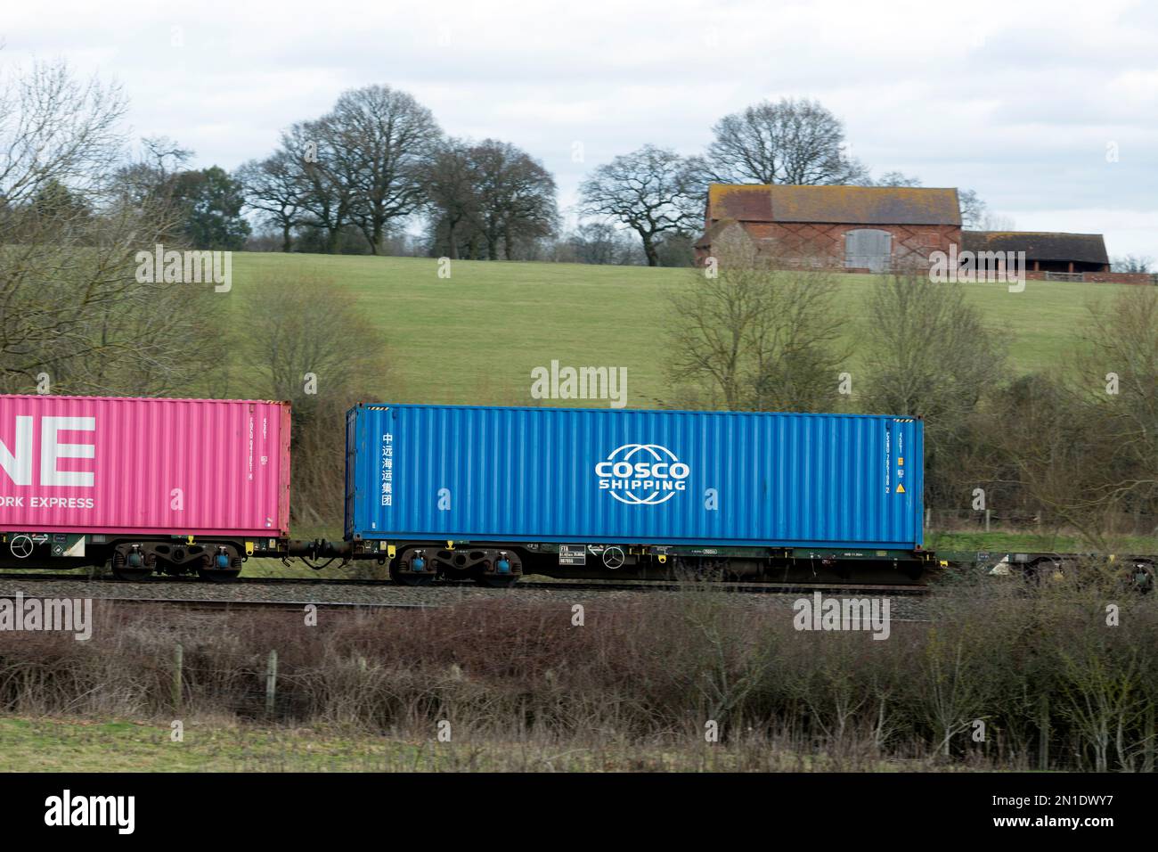 Cosco shipping container on an intermodal train, Warwickshire, UK Stock Photo