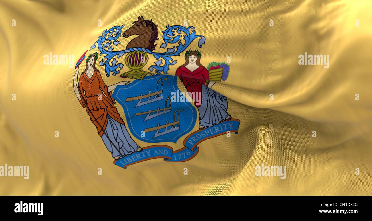 Close-up of the New Jersey state flag. Coat of arms on buff background. US state. Rippled fabric. Textured background. Realistic 3d illustration. Clos Stock Photo