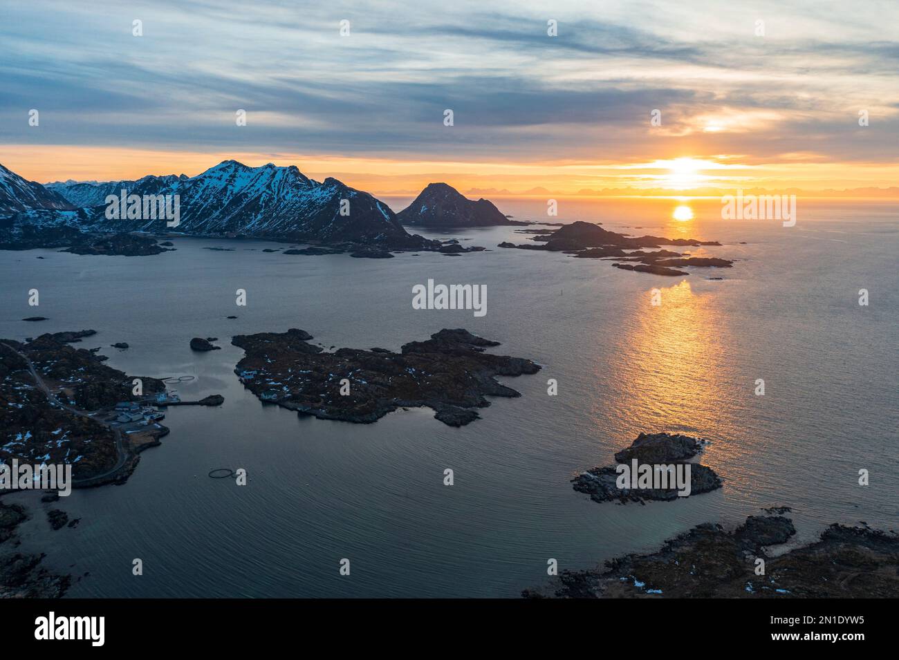 Aereal view of sunrise over mountains and Arctic sea, Leknes, Nordland county, Lofoten Islands, Norway, Scandinavia, Europe Stock Photo