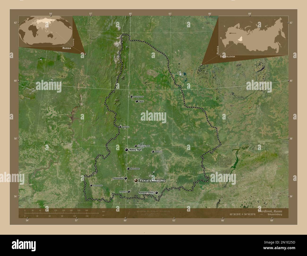 Sverdlovsk, region of Russia. Low resolution satellite map. Locations ...